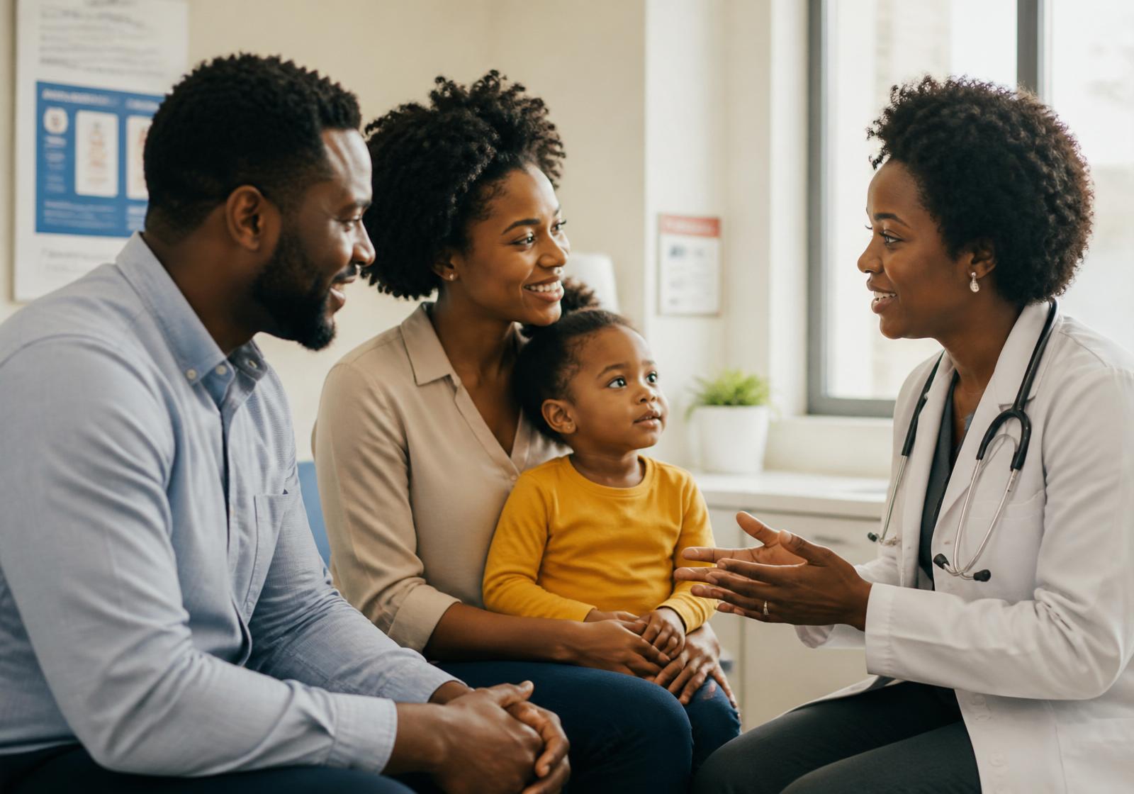 A Black family speaking with a Black physician in a bright clinic exam room